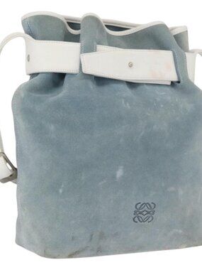 Authentic LOEWE Anagram Shoulder Bag Suede Leather Light Blue Silver